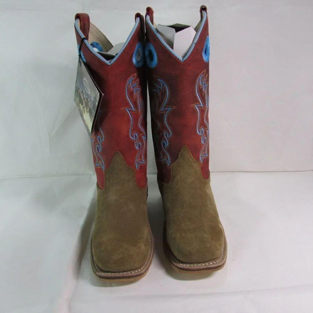 Old West Kid's Square Toe Suede Western Boots Camel/Red 8206